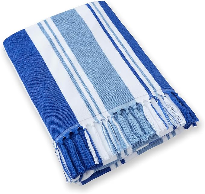 Laguna Beach Textile Co. Striped Cabana Beach Towel - Oversized, Plush 630 GSM Cotton - Bahama Blue