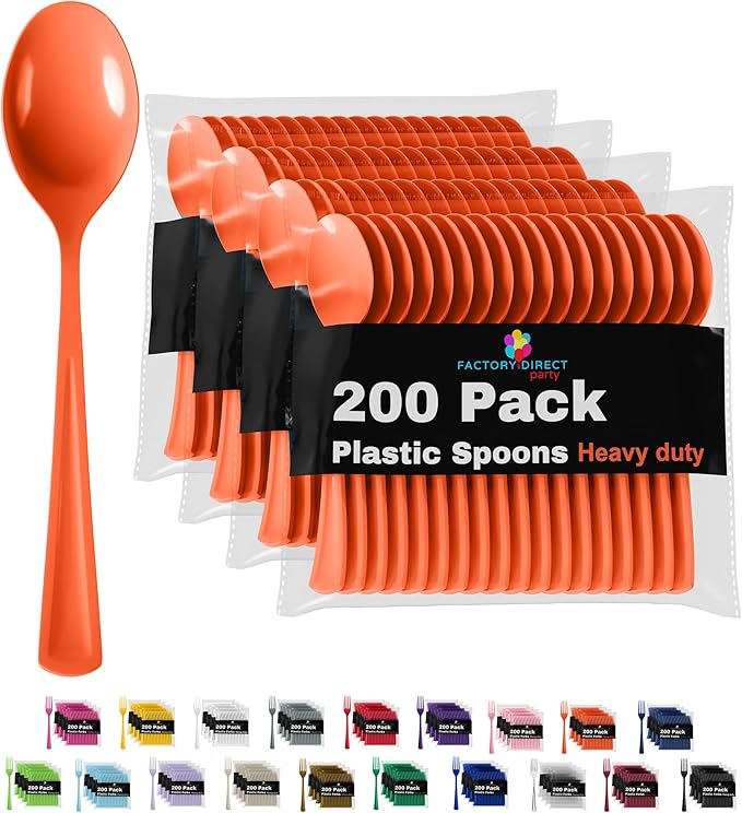 Party Solids Orange Plastic Spoons 200 Pieces Orange Spoons Disposable Utensils Heavy Duty Plastic Cutlery Set Disposable Cutlery Sets Flatware Sets Silverware Set Party Supplies & Party Tableware