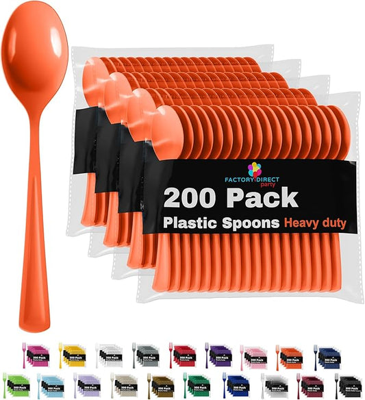 Party Solids Orange Plastic Spoons 200 Pieces Orange Spoons Disposable Utensils Heavy Duty Plastic Cutlery Set Disposable Cutlery Sets Flatware Sets Silverware Set Party Supplies & Party Tableware