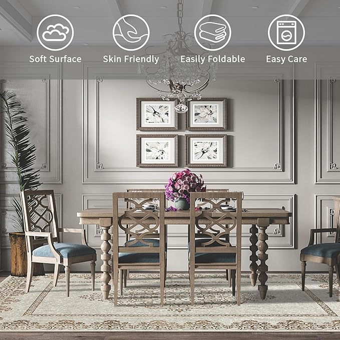 Easy-Going Large Area Rug 8x10 Washable Boho Neutral Rug for Living Room Non-Slip Bedroom Rugs Low Pile Lightweight Floral Brown Print Vintage Throw Rug for Dining Room Kitchen Home Office Carpet