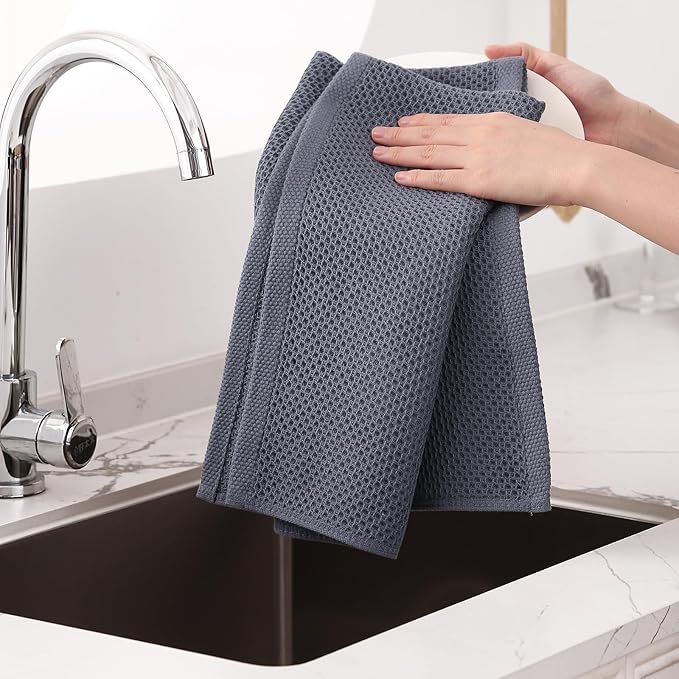 Homaxy 100% Cotton Waffle Weave Kitchen Dish Towels, Ultra Soft Absorbent Quick Drying Cleaning Towel, 20x28 Inches, 12-Pack, Dark Grey