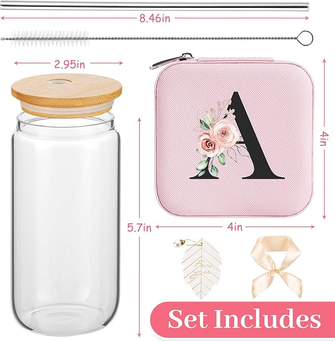 AYGXU christmas gifts for teens,glass cups with lids and straws,bridesmaid proposal gifts,Initia glass cups,Travel Must Have Jewelry Box,iced coffee cups,Travel Gifts for Women Girls,Initial A pink
