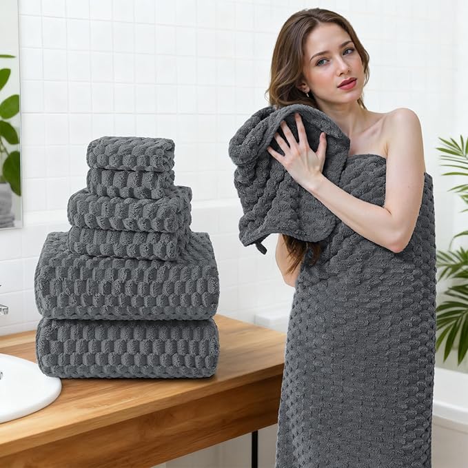 REDKISS Gray Bath Towel Sets XL - 35"x70" Extra Large Bathroom Towels of 6, Super Soft Oversized Bath Sheets for Adults, Waffle Microfiber Baths Towels Set, Luxury Shower Towel for Bathroom Hotel