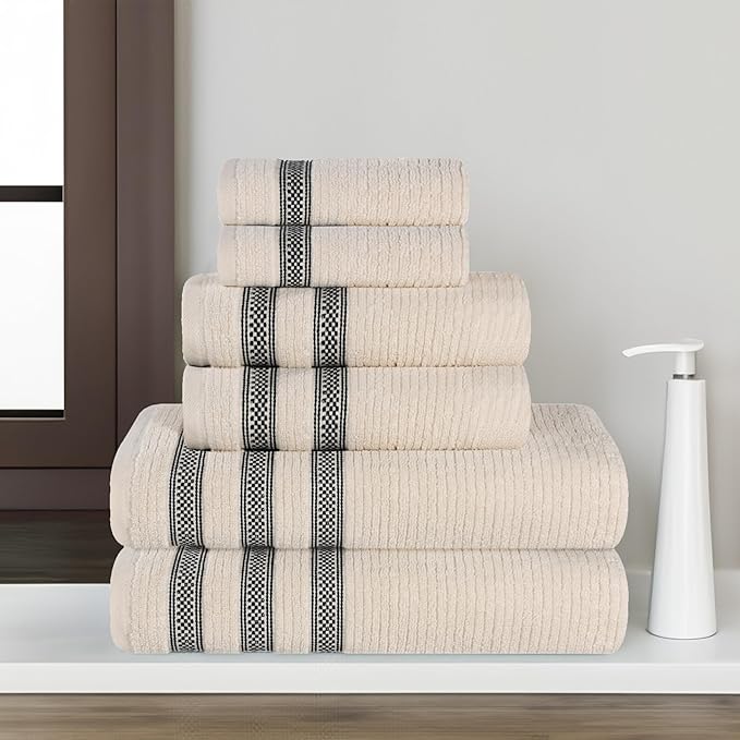 Superior Cotton 6-Piece Towel Set, Zero Twist, Ribbed Geometric, Bathroom Essentials, Shower, Spa, Luxury Plush Soft Absorbent Towels, Includes 2 Bath, 2 Hand, 2 Washcloth/Face Towels, Ivory