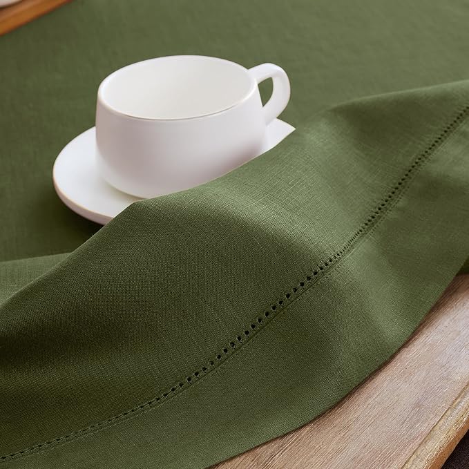 Solino Home Linen Cloth Placemats Set of 4-100% Pure Linen Hemstitch Olive Placemats 14 x 19 Inch - Classic Hemstitch Table Place Mats for New Year