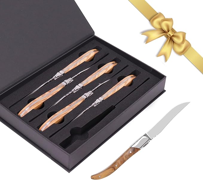 Laguiole Style Steak Knife Set of 6, Non-serrated Steak Knife Set with Olive Wood Handle, Sharp Stainless Steel Steak Knives with Gift Box, Dinner Cutlery Set for Home Party