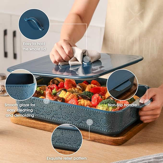 Casserole Dish with Lid, Ceramic 9x13 Casserole Dish for Oven, Rectangular Bakeware, Large Baking Dish with Handles for Holiday Cooking, Roasting, Baking, Oven & Microwave Safe (Blue)