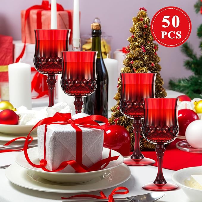 Pinkunn 50 Pcs 7 oz Plastic Vintage Wine Glasses Reusable Colored Goblets Patterned Drinking Water Glasses Cup Dishwasher Safe for Christmas Wedding Reception Party Supplies (Red)