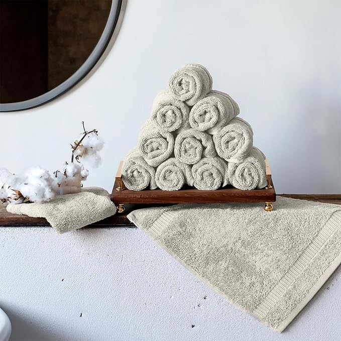 SALBAKOS 100% Turkish Cotton Washcloth Set of 12 13x13 inch | Heirloom Quality | Hotel & Spa Collection | Ultra Soft, Super Absorbent, Washcloth Towels | Made in Turkey (Stone, 12 Washcloths)