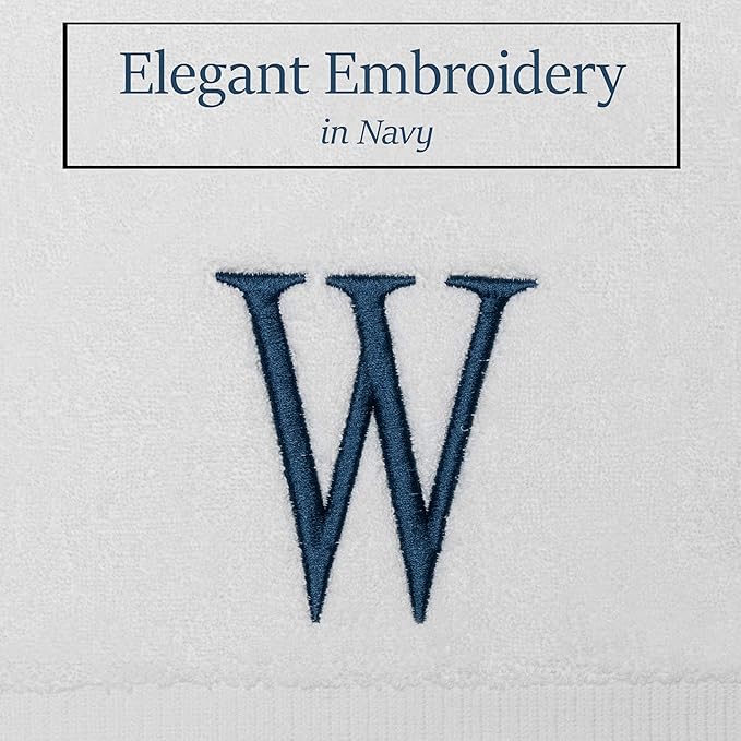 Monogrammed Hand Towels for Bathroom - Luxury Hotel Quality Personalized Initial Decorative Embroidered Bath Towel for Powder Room, Spa - GOTS Organic Certified - Set of 2 Navy Letter W