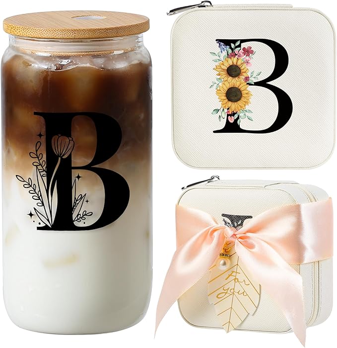 AYGXU Mothers Day Gifts for mom,travel jewelry case organizer,small jewelry travel case,Cute Tumbler Cup,16oz bamboo lids for glass cups,teacher appreciation gifts for women,Initial B white