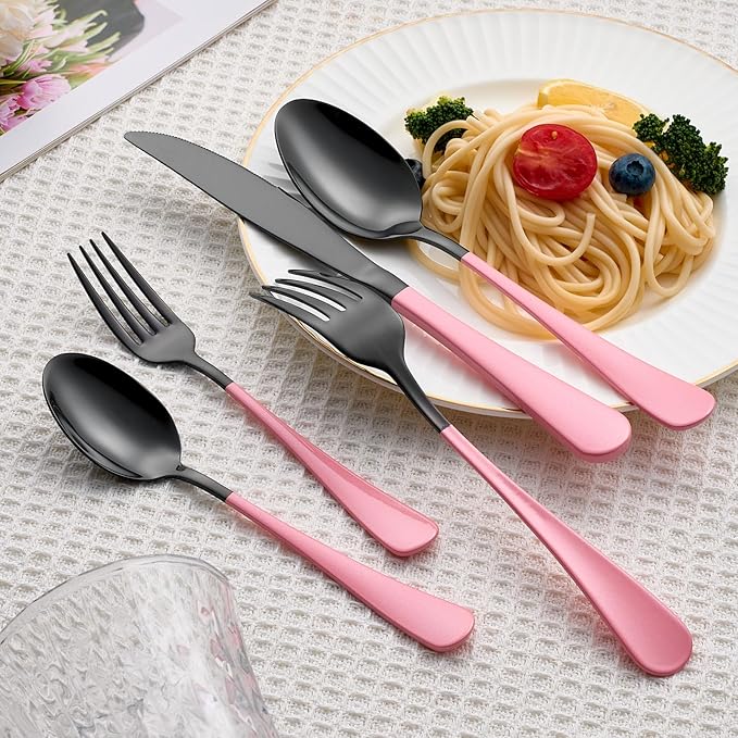 20 Piece Black Pink 18/0 Flatware Utensil Set for 4, Include Dinner Knife,Dinner Forks,Dinner Spoons,Salad Forks,Teaspoons,Silverware Set for 4, Dishwasher Safe