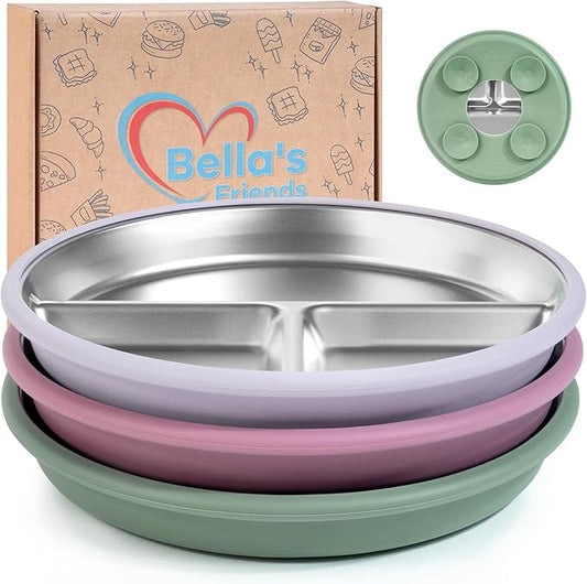 Bella's Friends Stainless Steel Kids Plates 8" Suction Plate for Baby,3 Packs Non-Toxic Divided Toddler Plates,Food-Grade Silicone Plate for Baby,Dishwasher Safe,purple,dark green,rose