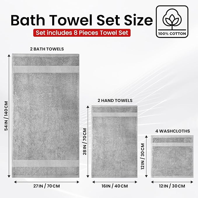 Infinitee Xclusives Luxury 100% Cotton Towel Set – 8 Piece Bathroom Towel Set (2 Bath Towels, 2 Hand Towels, 4 Washcloths) – Soft & Absorbent Towels for Bathroom (Charming Grey)