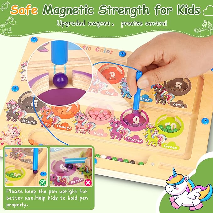Magnetic Color and Number Maze, Montessori Wooden Magnet Puzzles Learning Counting Matching Board Unicorn Toys for Toddlers Kids 3-5, Educational Fine Motor Skills Toys for Girls Boys 3 4 5 Years Old