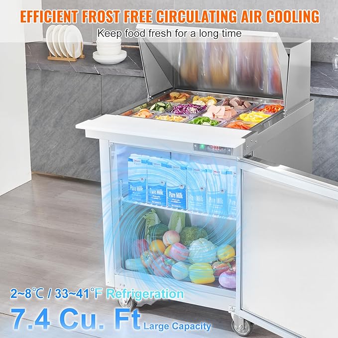 VEVOR 28" Commercial Refrigerator, 12 Pans Sandwich & Salad Prep Table, 7.4 Cu. Ft Stainless Steel Refrigerated Food Prep Station, Frost Free Mega Top Refrigerator for Restaurant, Food Truck, Bar