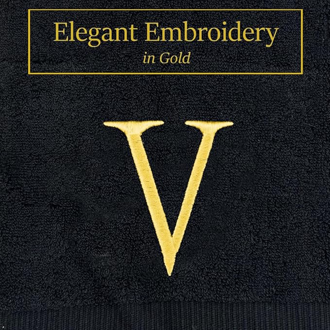Black Initial Hand Towel for Bathroom - Monogrammed Luxury Hotel Quality Decorative Embroidered Towel for Powder Room, Spa - GOTS Organic Certified - Pack of 2, Letter V