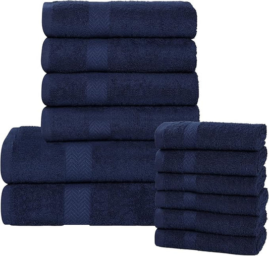 Superior 12-Piece Cotton Assorted Towel Set, Includes 6 Face/Washcloths, 4 Hand, and 2 Bath Towels, Lightweight Essentials, for Home, Beach, Bathroom, Quick Drying, Franklin Collection, Navy Blue