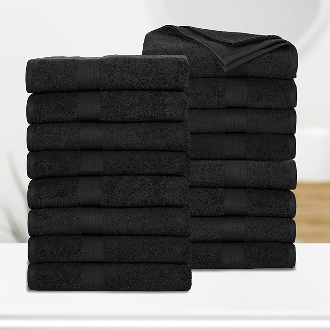Ample Decor Bath Towels Pack of 16 600 GSM 100% Cotton, Absorbent Soft Premium Quality Machine Washable, Oeko Tex Certified, for Bathroom, Hotel, Spa, Gym, Kitchen - Black - 30 X 54 Inch