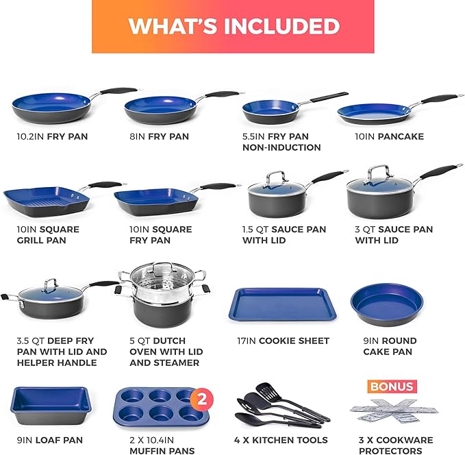 Mueller Sapphire UltraClad Kitchen Induction Pots and Pans Set Nonstick Induction Cookware Sets -24pc for Cooking Kitchen Cookware Sets, Frying Pans