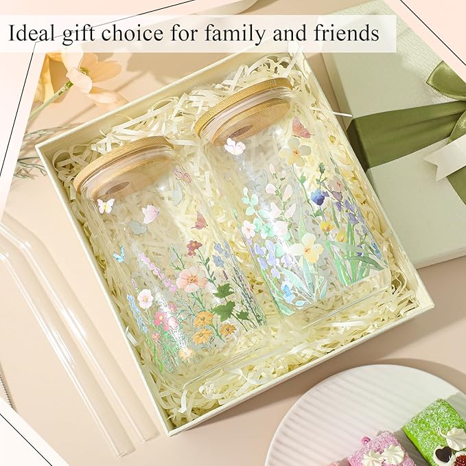 Mumufy Gift for Women Cute Glass Cup Tumbler Flower Iced Coffee Mugs 16 oz Glass with Bamboo Lid & Straw, Mothers Day Birthday Gift for Mom Sister Bridesmaid Baby Shower(2 Pack,Wild Flower1)