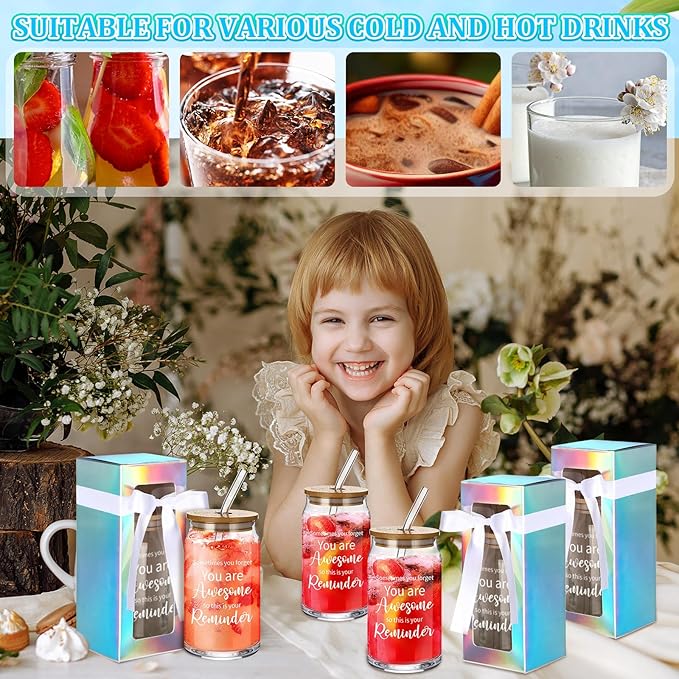 Layhit 12 Set Employee Appreciation Gifts Bulk You Are Awesome Glass Cups for Staff Coworker 16 oz Can Shaped Beer Glass with Lids Straws Brushes Boxes Ribbon for Nurse Teachers Day Housekeeping Week