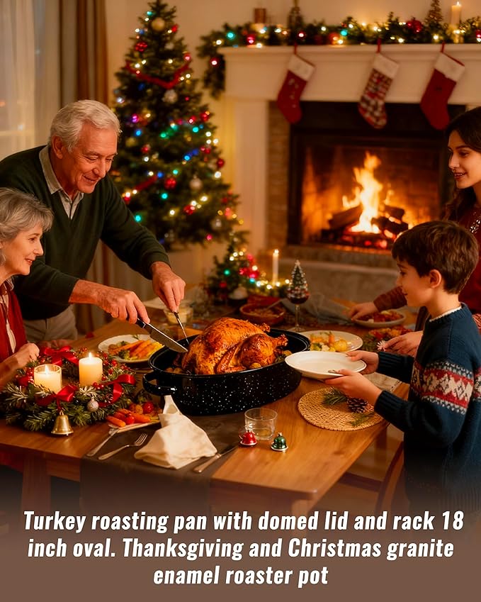 Roasting Pan with Lid & Rack 18 Inch Extra Large Deep Oven Baking Pot, Enamel Granite NonStick Oval Carbon Steel Potato Roaster Pot for Turkey Chicken Steak NonToxic Perfect for Christmas Party