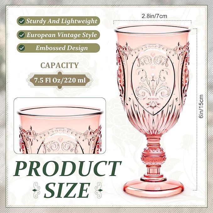 100 Pcs Plastic Goblets 7.5oz Vintage Goblet Plastic Wine Glasses Colored Retro Embossed Water Goblets for Wine Bar Juice Baby Shower Wedding Reception Grand Event Party (Pink)