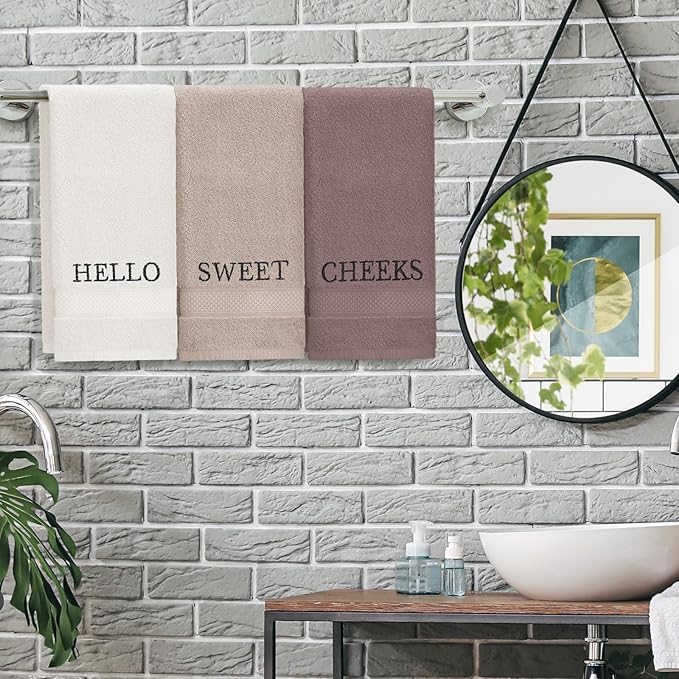 3 Pcs Farmhouse Decorative Hand Towels for Bathroom and Kitchen Rustic Embroidered 100% Cotton Hand Towels Decorative Set for Boho Bathroom Decor(Brown,Hello Sweet Cheeks)