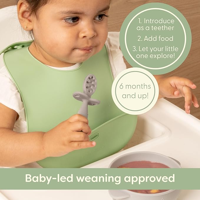 UpwardBaby Silicone Baby Spoons - 3-Pack, Mint/Beige/Grey - Self Feeding 6-12 Months with Anti-Choke Barrier & Textured Grippy Tips - Baby LED Weaning Utensils & Infant Feeding Spoons