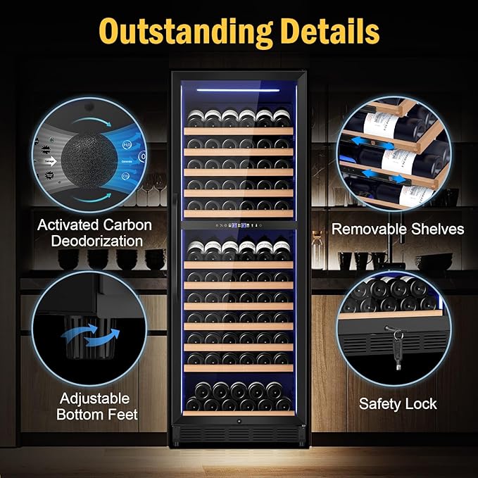 Wine Fridge Dual Zone, Freestanding Wine Cooler Refrigerator 180 Bottles Large Capacity with Sliding Rail Wooden Shelves and Door Lock, Black