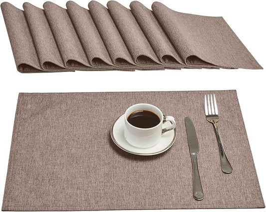 Cloth Place Mats Set of 8–Reusable Rectangular Waterproof Fabric Polyester Washable Wipeable Heat Resistant Linen for Kitchen Dining Dinner Restaurant Wedding Table(Mocha/13x19 Inch)