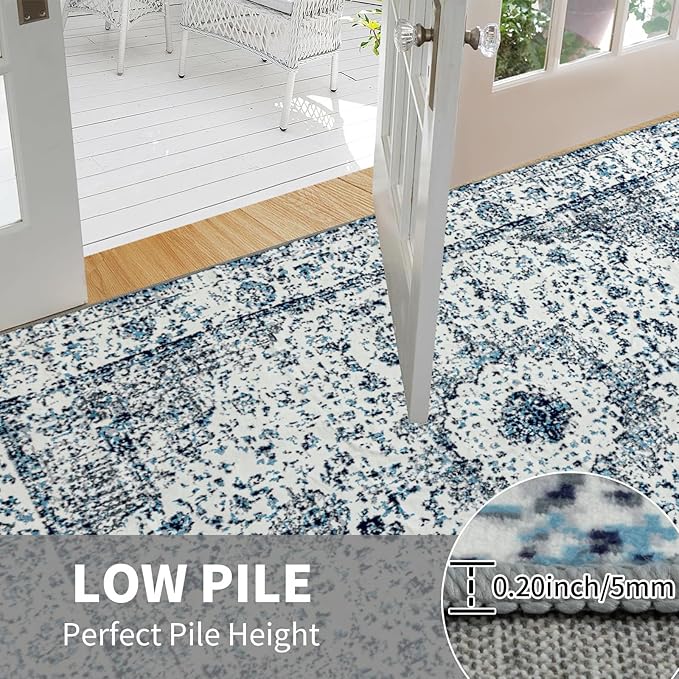 Easy-Going Area Rug 5x7 Washable Boho Rugs for Living Room Non-Slip Bedroom Rug Low Pile Lightweight Floral Print Vintage Throw Rug for Dining Room Kitchen Home Office Carpet, Blue Cream