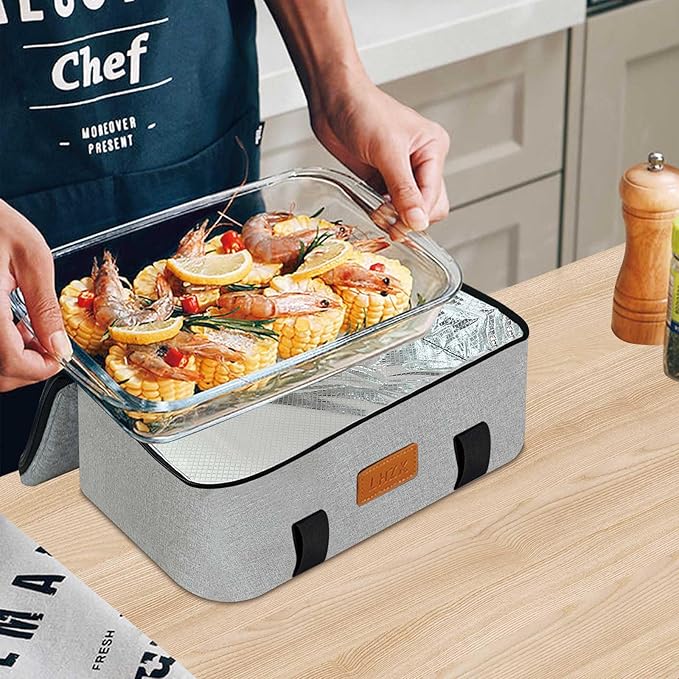 LHZK Insulated Casserole Carriers for Hot or Cold Food, Lasagna Holder Tote for Potluck Parties, Beach, Picnic, Travel, Fits 11x15 or 9x13 Dish (Grey)