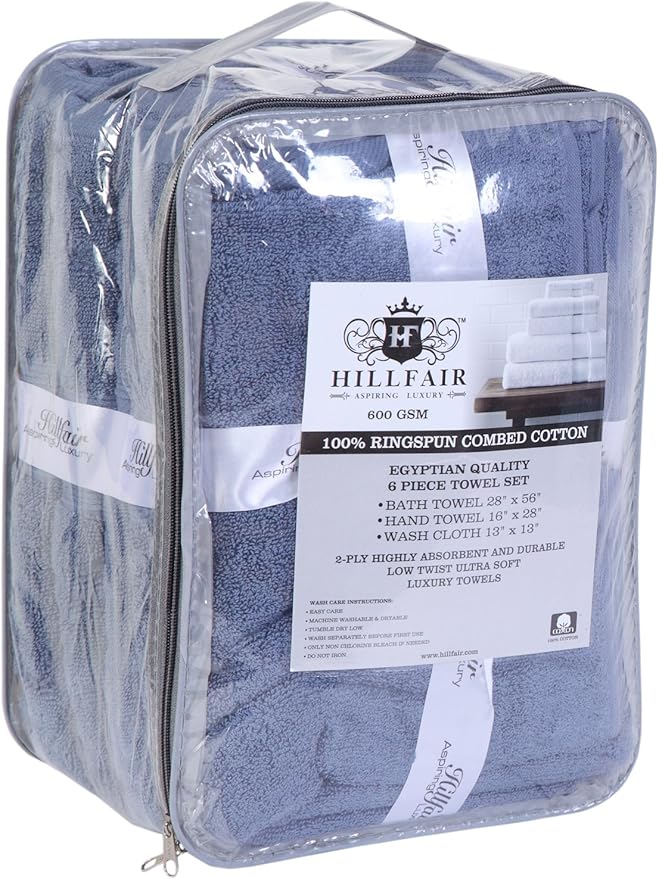 Hillfair Premium 600 GSM 6 Piece Cotton Towel Set - 2 Bath Towels, 2 Hand Towels, 2 Washcloths - Blue - Machine Washable, Hotel Quality, Super Soft & Highly Absorbent