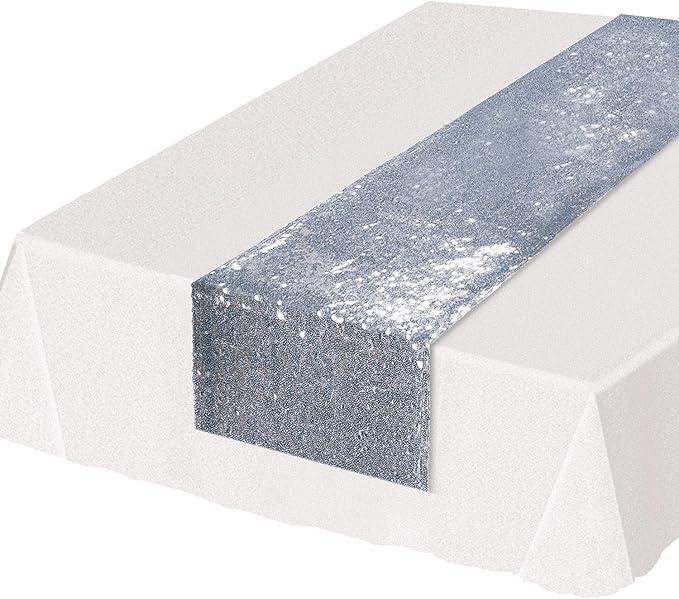 Beistle Sequined Fabric Table Runner Wedding Decorations Anniversary Party Supplies New Year's Eve Tableware, 75" x 11.25", Silver