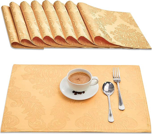 Place Mats Set of 8 – Rectangle Rectangular Waterproof Fabric Polyester Cloth Washable Wipeable Heat Resistant Placemats for Kitchen Dining Dinner Table Indoor 13 X 19 Inch Gold