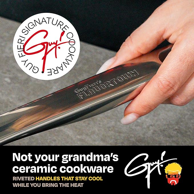 Guy Fieri's Flavortown 11-Piece Ceramic Cookware Set, Nonstick Pots and Pans for Cooking, Made without PFAS PTFE PFOA, Oven Safe, Dishwasher Safe, Easy to Clean Everyday Cookware, Red