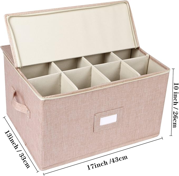 popoly Wine Glass Storage Box, Stemware Storage Containers Cases with Dividers, Stackable Moving Supplies for 12 Wine Glasses, Drinkware, Glassware or Crystal (Beige)
