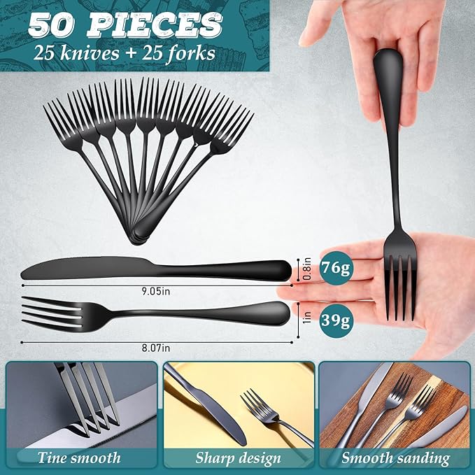 Nuenen 50 Pieces Stainless Steel Forks Silverware Set Dinner Forks and Knives Flatware Tableware Cutlery Set for Kitchen Restaurant(8.07 x 0.94 Inch, 9.06 x 0.79 Inch,Shiny Black)
