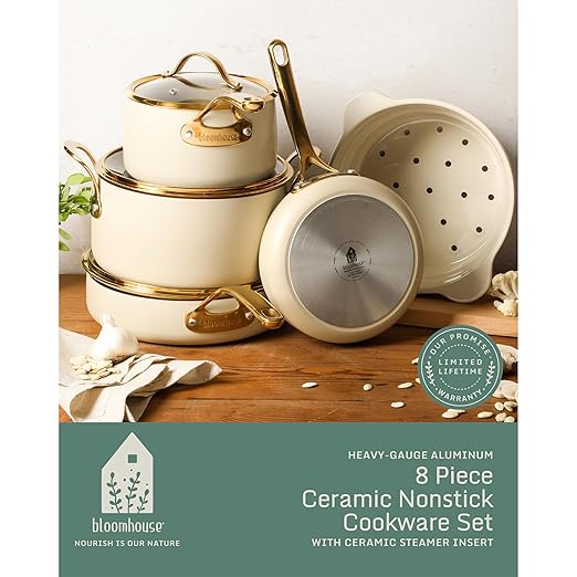 bloomhouse - Two Time Oprah's Favorite Things Winner - 8 Piece Pots and Pans Heavy Duty Aluminum Premium PFA Free Ceramic Nonstick Cookware Set - Almond Cream w/Gold Handle