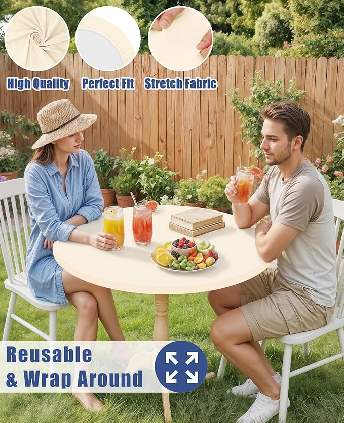 Round Spandex Tablecloth, Elastic Fitted Waterproof Tablecloths for 31"-35" Tables, Stretch Washable Picnic Table Cover for Camping, Dining, Indoor and Outdoor, Beige