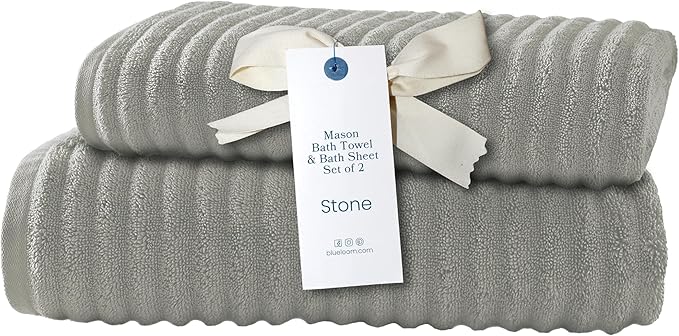 Blue Loom Ribbed Bath Sheet & Towel, 100% Cotton 600 GSM, Soft Absorbent Durable Quick Drying Bath Sheet & Bath Towel Set for Bathroom - Mason Set of 2 Stone Grey (65" x 45" & 58" x 30")