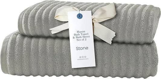 Blue Loom Ribbed Bath Sheet & Towel, 100% Cotton 600 GSM, Soft Absorbent Durable Quick Drying Bath Sheet & Bath Towel Set for Bathroom - Mason Set of 2 Stone Grey (65" x 45" & 58" x 30")