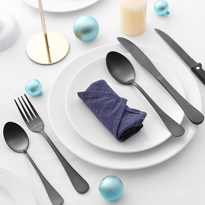 E-far 24-Piece Black Silverware Set with Steak Knives, Stainless Steel Flatware Cutlery Set for 4, Matte Black Metal Eating Utensils Sets Include Forks and Spoons Knife, Modern Design & Rust Proof