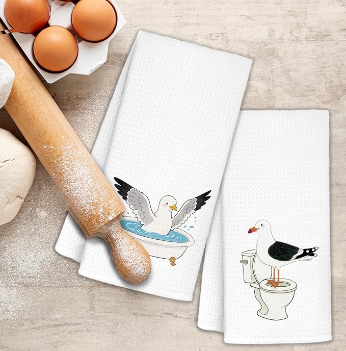 Seagull Beach Hand Towels -Set of 2, Seagulls Gifts for Bird Lovers, Seagull Bird Decor, Coastal Nautical Beach Sea Gull Decorative Hand Dish Tea Towels for Kitchen Bathroom, 16x24 Inch