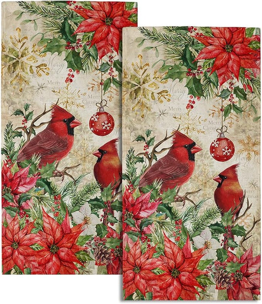 Imiss Merry Christmas Hand Towels Xmas Red Bird Holly Floral Kitchen Decor Soft Absorbent Fingertip Guest Towel for Home Bathroom Hotel Gym Spa