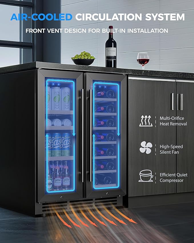 Wine and Beverage Refrigerator, 24 Inch Built-In Wine Fridge with Glass Door, Holds 20 Wine Bottles & 60 Cans, Under Counter Refrigerator with Quiet Cooling System & Blue LED Light(Black)