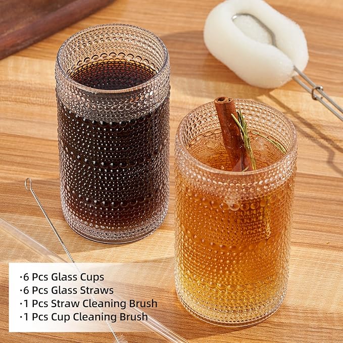 16oz Hobnail Drinking Glasses Set of 6, Vintage Large Capacity Embossed Clear Tumblers, Highball Glasses for Water, Cocktail, Beer, Whiskey, Juice & Bar Use