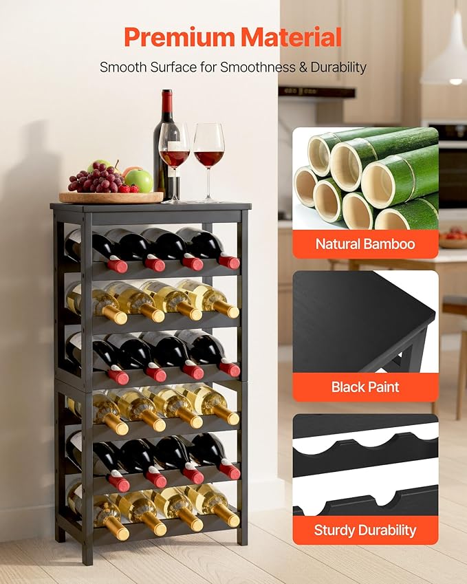 VEVOR 24 Bottle Detachable Wine Rack, 6-Tier Wine Bottle Holder, Freestanding Floor Display Wine Storage Shelves with Table Top, for Kitchen,Cellar,Bar,Dining Room,Living Room, Black